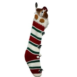 Christmas Stocking Dog Knit Green Red White Striped Puppy Bows Skinny Stocking